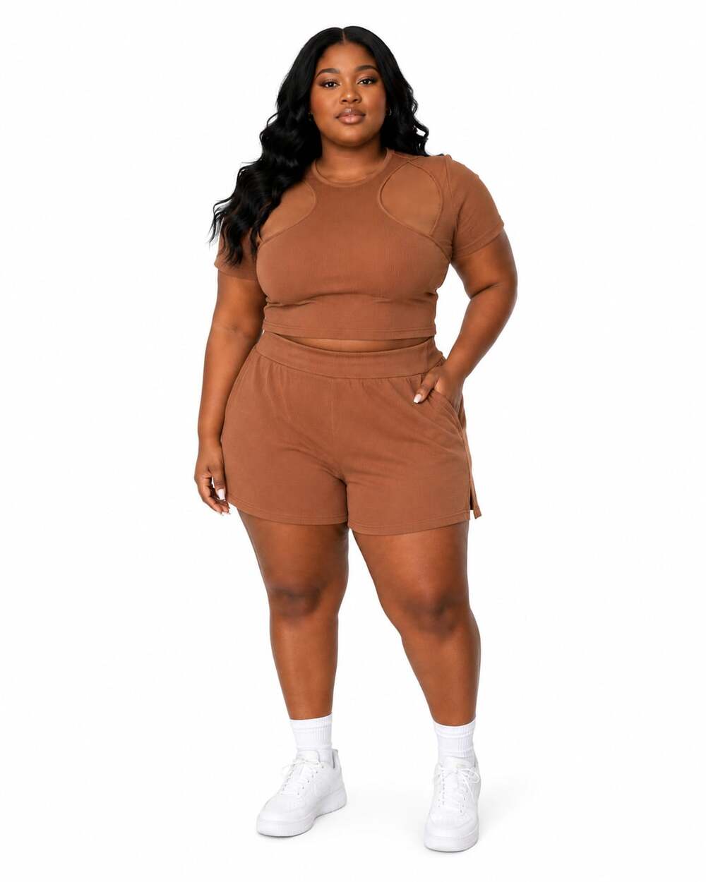 Puma Plus Size Ribbed Crop Top and Shorts 2-Piece Set Chestnut Brown Size 3X
